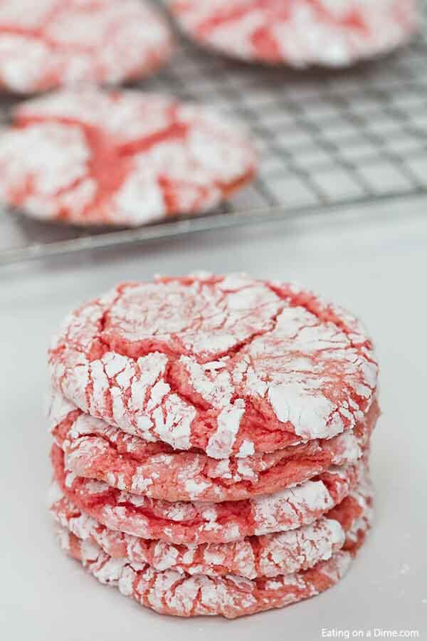 Photo of strawberry cookies stacked together.