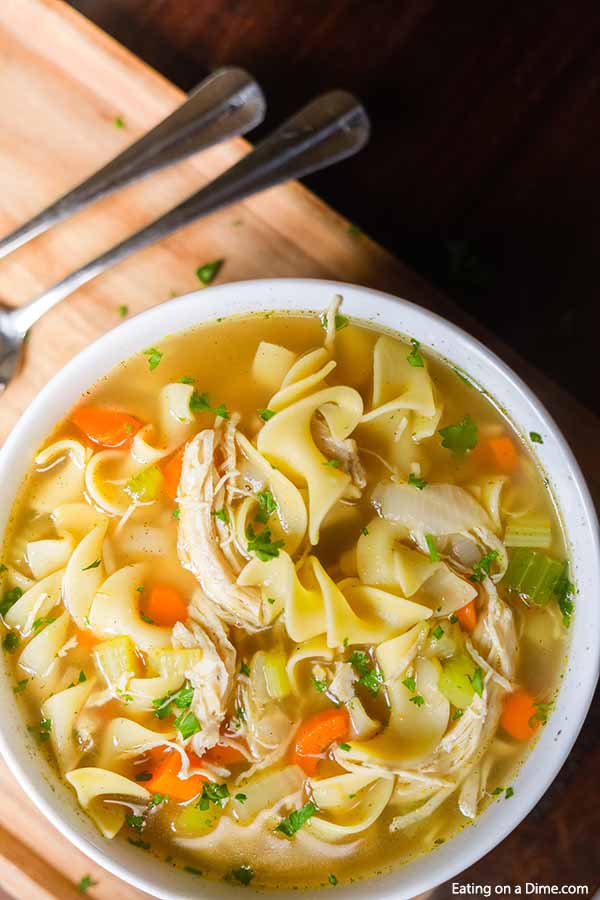 Close up of a bowl of chicken noodle soup. 