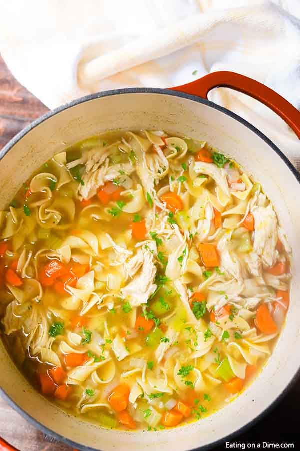 Close up of Chicken Noodle Soup in a Large Stock Pot topped with fresh parsely. 