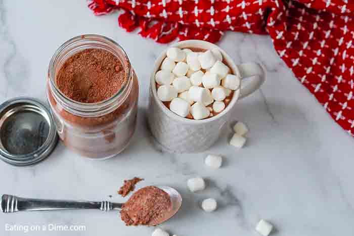 Close up image of hot chocolate seasoning with a mug of hot chocolate with marshmallows on top. 