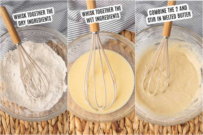 3 pictures- first picture: whisk dry ingredients. Second picture: whisk wet ingredients. Third picture: combine wet and dry with buter.