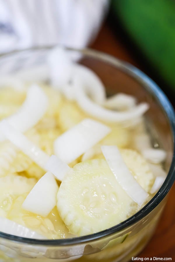 Cucumber Onion Salad in a clear bowl