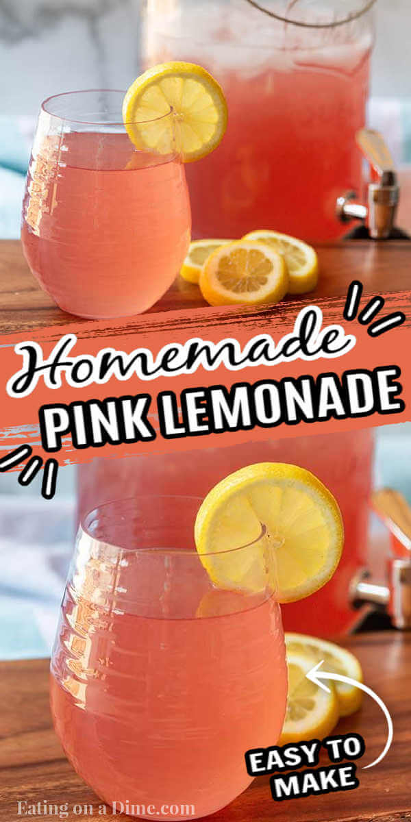 This delicious pink lemonade recipe is super easy and so refreshing. Make this in minutes for the perfect drink. Pink Lemonade is great served over ice cubes with some fresh lemons. With only a few simple ingredients, you can easily enjoy any day of the week. Serve in cute mason jars for the perfect poolside drink. #eatingonadime #pinklemonade #howtomakepinklemonade 