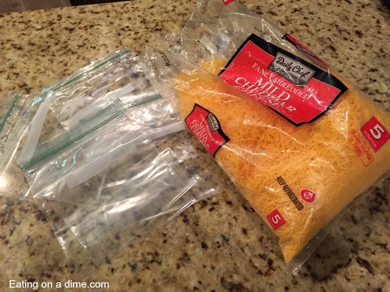 Bag of cheese ready to freeze and put in ziploc bags.  