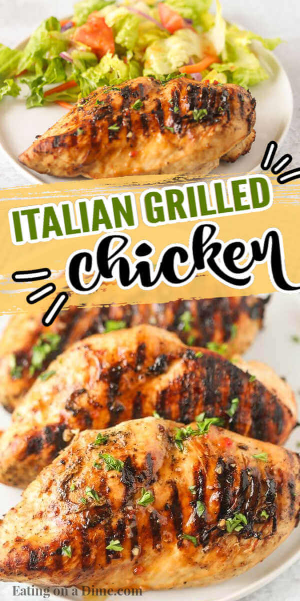 This Italian Chicken Marinade is easy with only 2 ingredients. This is the best Italian marinade for chicken for the grill. You will love this Italian marinade chicken that is perfect for dinner and to top on salads! #eatingonadime #grillingrecipes #marinaderecipes #italianrecipes 