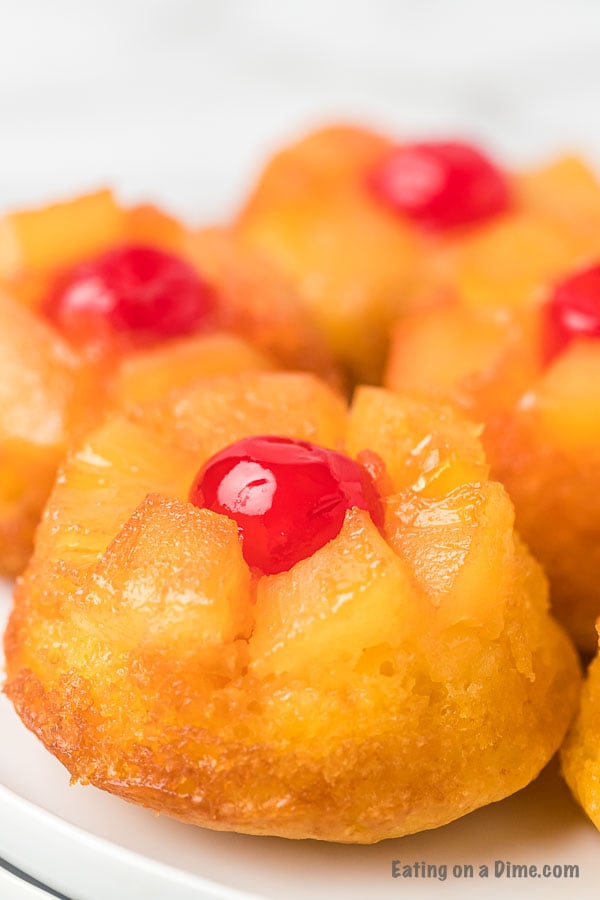 Close up image of pineapple upside cake. 
