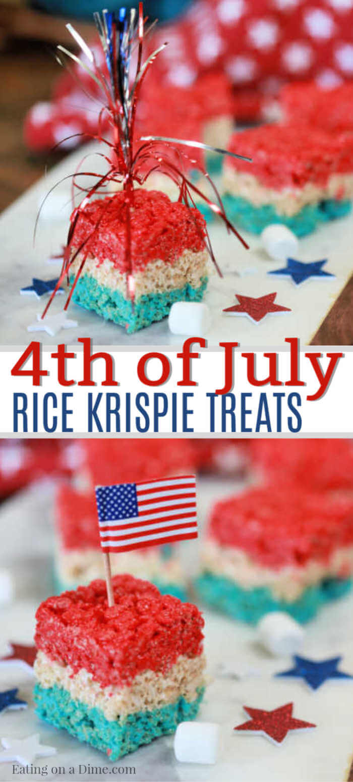 The kids just love these 4th of July rice krispie treats! These red white and blue rice krispie treats are quick and easy to make and are a crowd pleaser! 