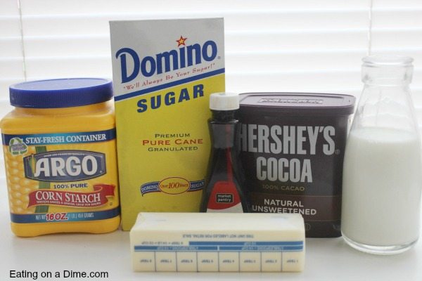 Ingredients needed - sugar, cocoa powder, cornstarch, salt, milk, butter, vanilla
