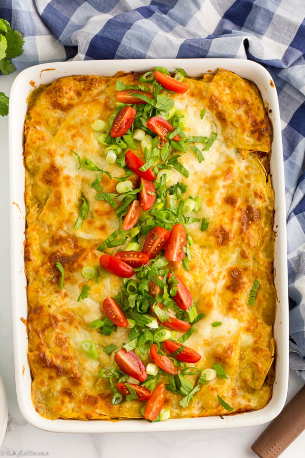 This easy chicken enchilada casserole recipe is a family favorite. Get all the great enchilada taste without any of the work for a great dinner idea.