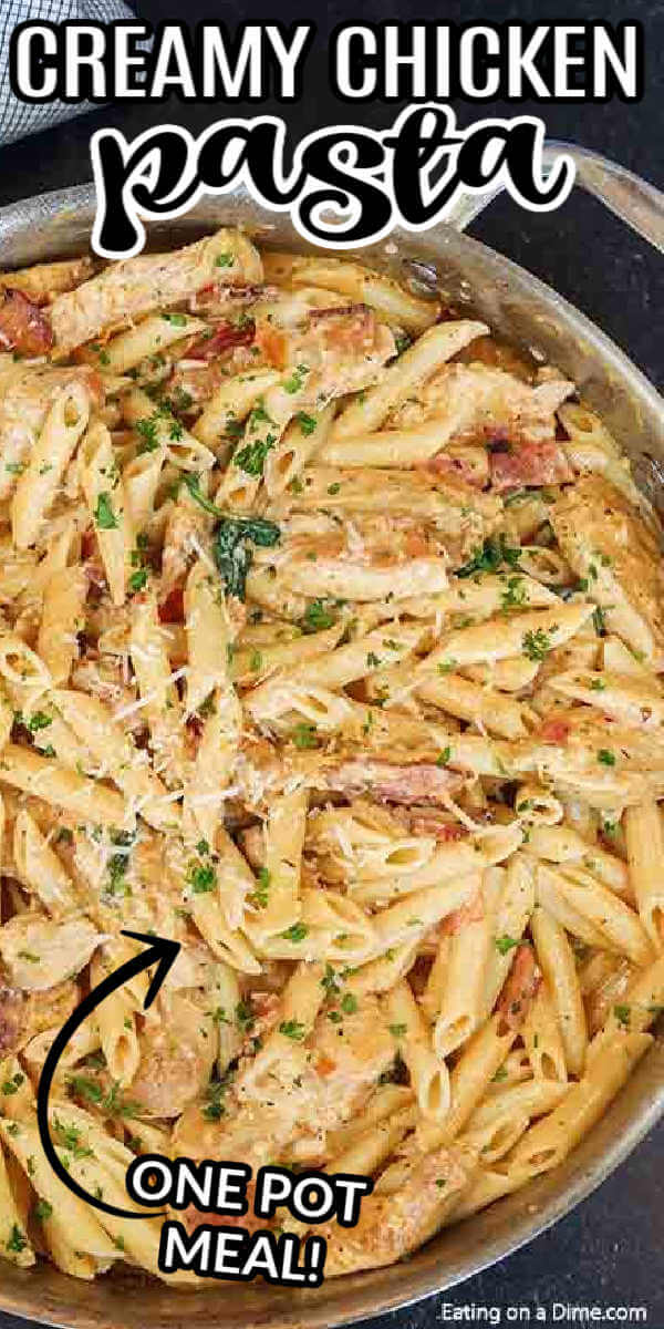 Creamy chicken pasta takes only 20 minutes for the best skillet dinner. Skip takeout and make this creamy dish in less time!