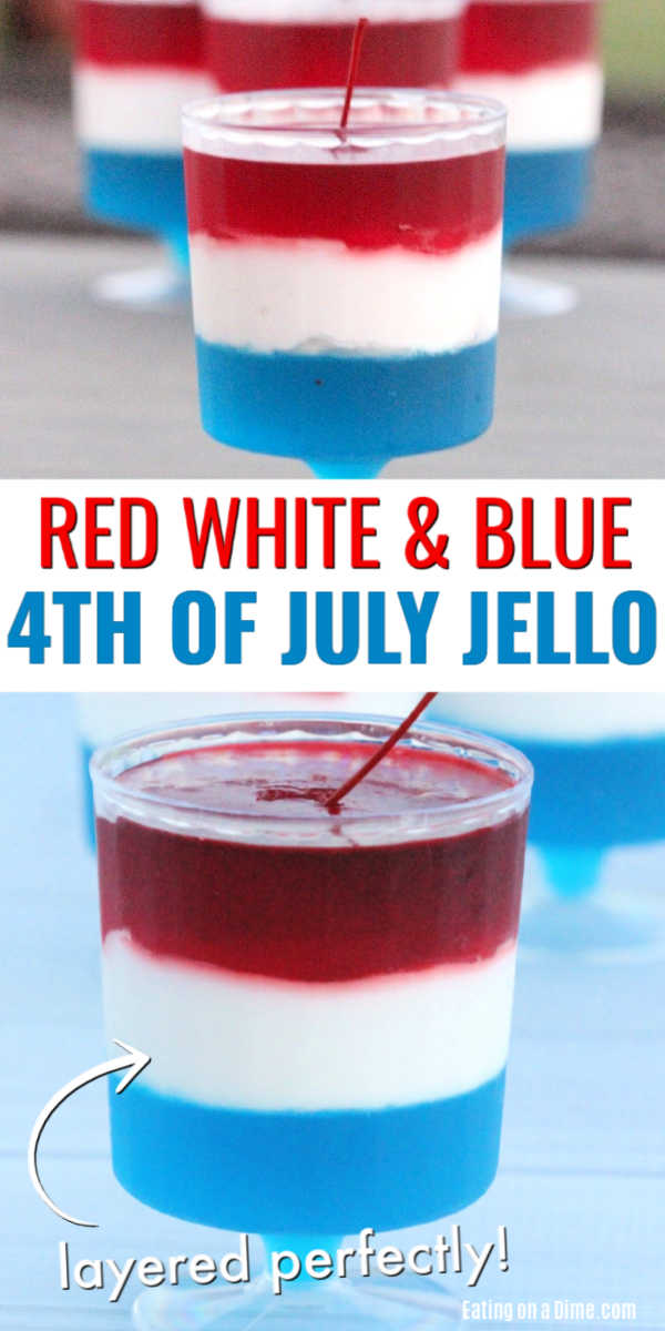 Red white and blue jello treats are so fun and festive. Plus, they are really easy to make. Everyone will love this patriotic recipe. If you are looking for a fun treat that's not too sweet, then you have to try these patriotic treats! If you are looking for different colors to match a party you are having, just change up the flavor jello you use. #eatingonadime #redwhitebluejello #fouthofjulyjellorecipe