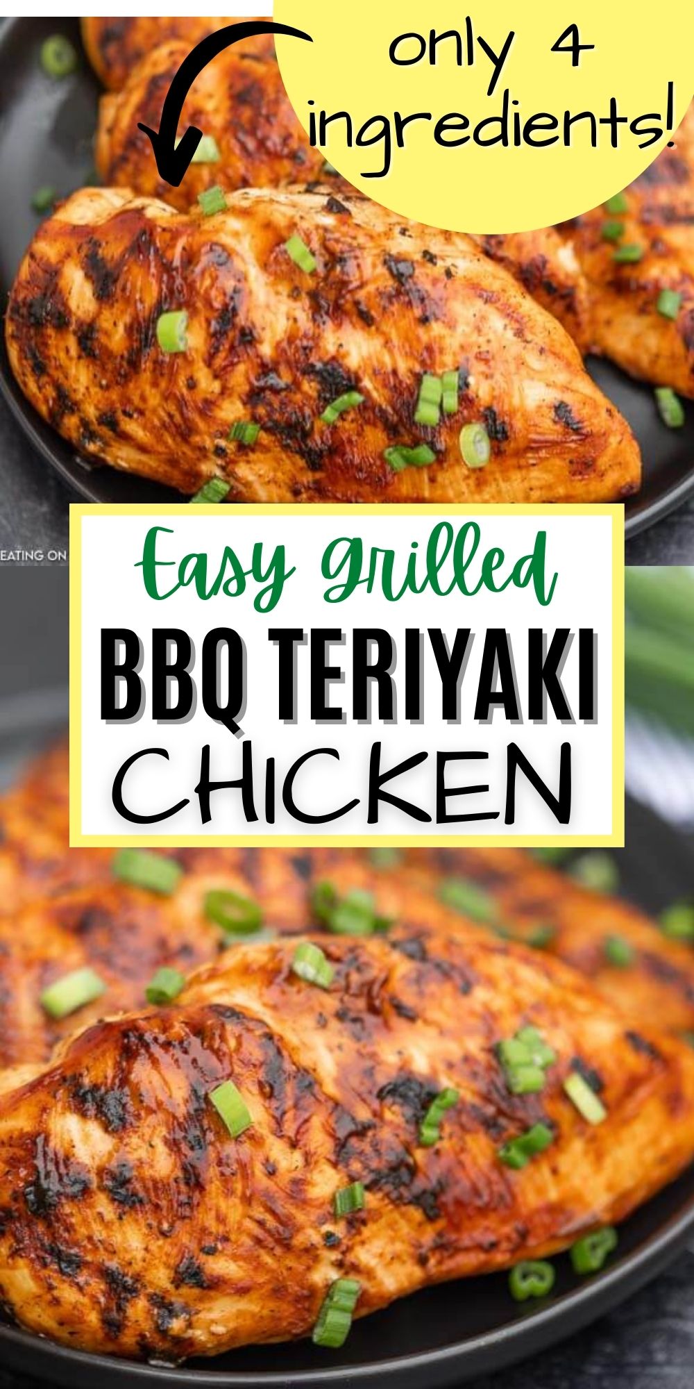 This grilled BBQ Teriyaki Chicken marinade is easy to make with only 4 ingredients and packed with tons of flavor. You will love this grilled teriyaki chicken with bbq sauce.  This is the best and easy grilled teriyaki chicken!  #eatingonadime #grillingrecipes #teriyakirecipes 