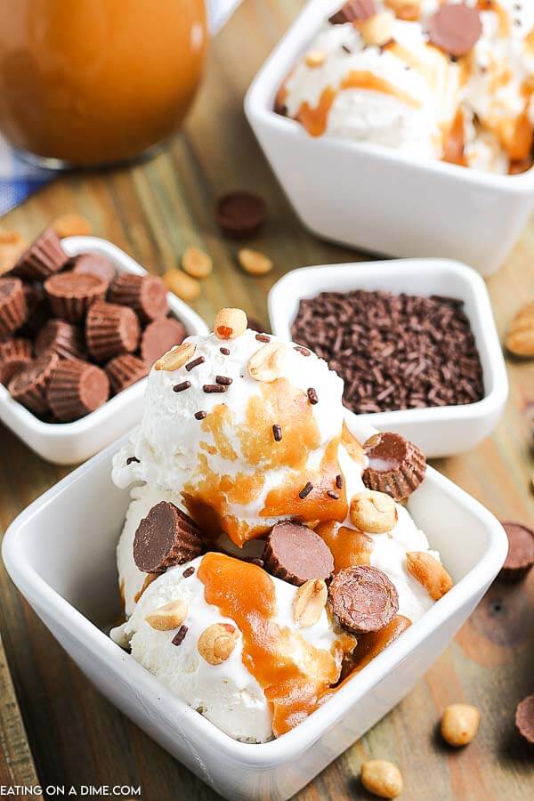 A bowl of ice cream topped with peanut butter topping, chocolate sprinkles and peanut butter cups. 