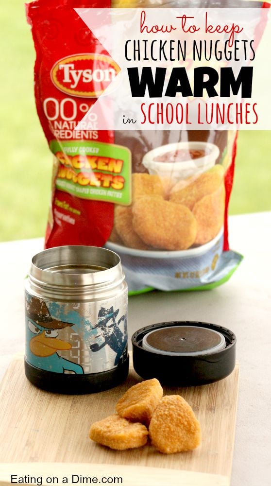 Learn how to keep chicken nuggets warm for school lunches. Your kids are going to love packing chicken nuggets in lunch! How to pack chicken nuggets for lunch is easier than you think. Learn how to pack chicken nuggets for school lunch today! #eatingonadime #luchideas #lunchtips #chickennuggets 