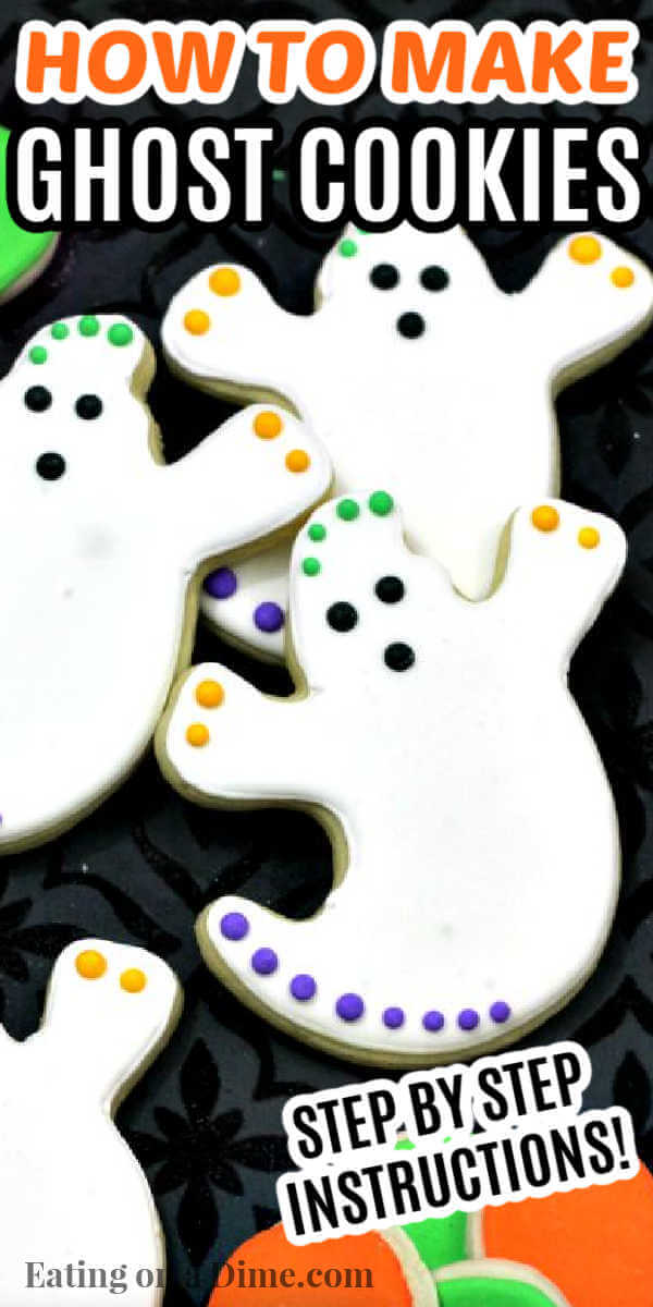You just have to make these cute Ghost Cookies decorated with royal icing for Halloween. The kids will love decorating them and they are super easy to make! This DIY Ghost sugar cookies recipe is the best and perfect for any party or get together this year! #eatingonadime #cookierecipes #halloweendesserts #ghostcookies