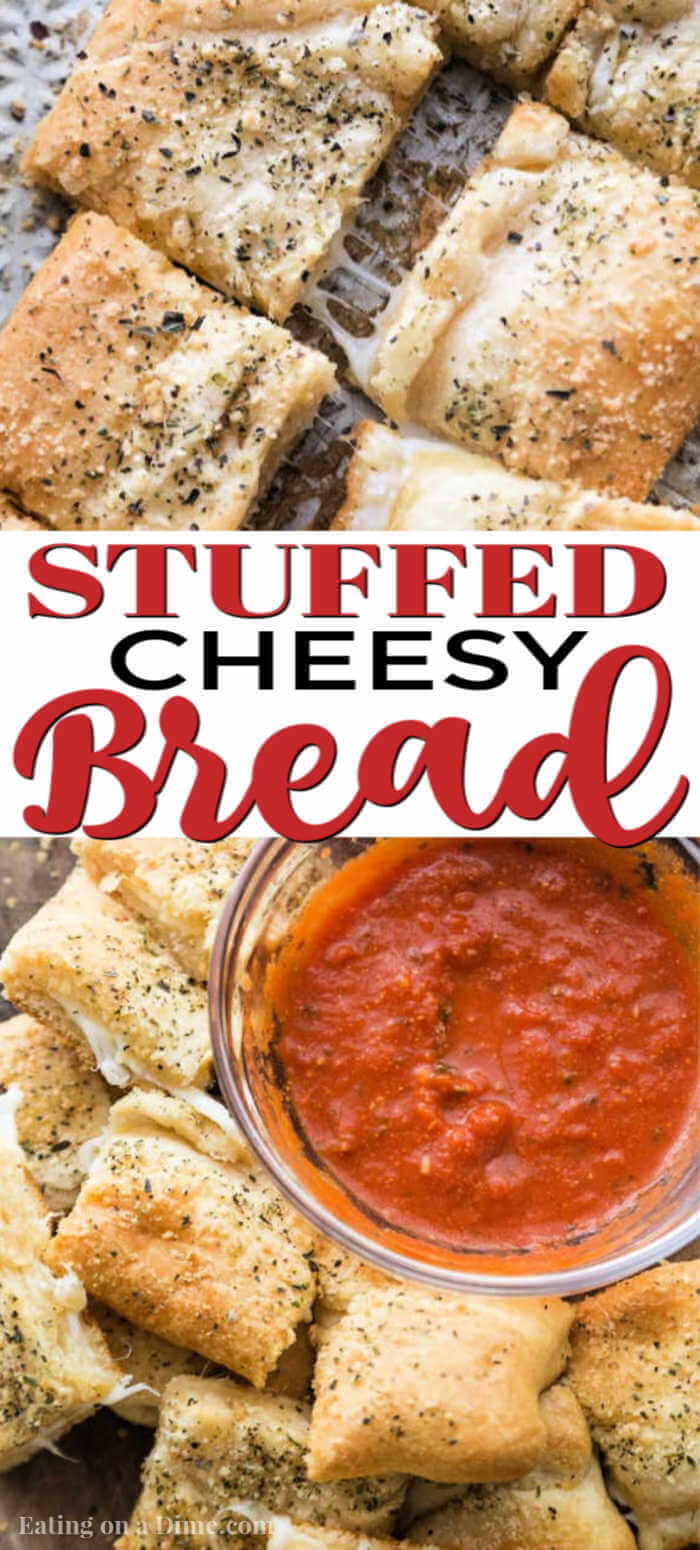 You just have to make this Stuffed Cheesy Bread Recipe with crescent rolls. This is the best cheesy bread and it only takes 15 minutes to make! Try this easy bread recipe. #eatingonadime #appetizerrecipes #breadrecipes 