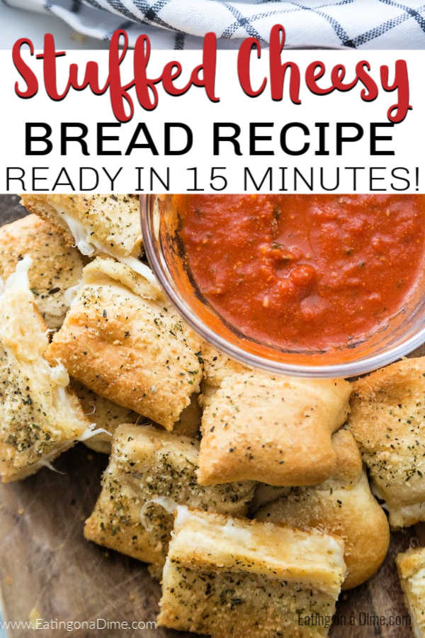 You just have to make this Stuffed Cheesy Bread Recipe with crescent rolls. This is the best cheesy bread and it only takes 15 minutes to make! Try this easy bread recipe. #eatingonadime #appetizerrecipes #breadrecipes 