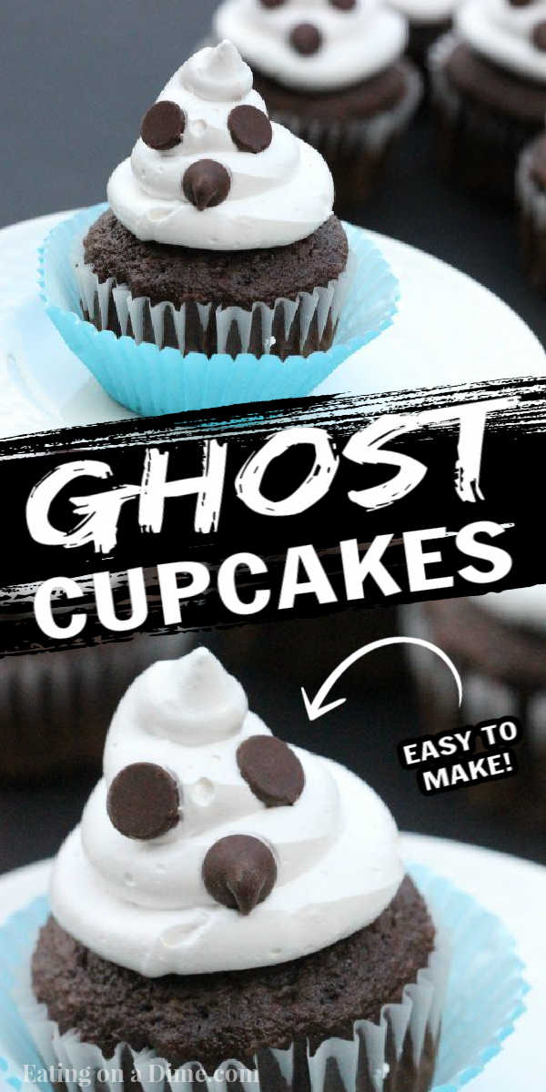 These cute ghost cupcakes are the perfect Halloween dessert. These Halloween Ghost Cupcakes are easy to make with Marhsmellow creme. These Marshmallow Ghost Cupcakes for kids are one of my favorite Halloween ideas. Try this ghost topper cupcakes today! #eatingonadime #halloweendesserts #cupcakerecipes 