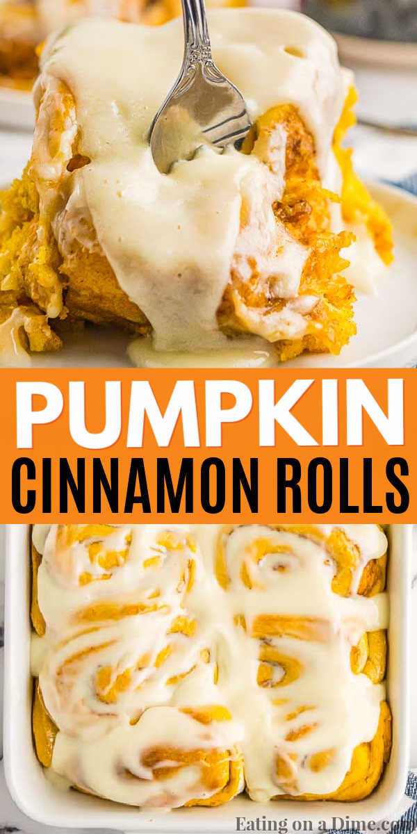You have to try this fun twist on cinnamon rolls. Make these delicious pumpkin cinnamon rolls at your next breakfast or brunch. You are going to love these easy homemade pumpkin cinnamon rolls. These are easy to bake and make the best fall breakfast treat! #eatingonadime #pumpkinrecipes #cinnamonrolls #breakfastrecipes 