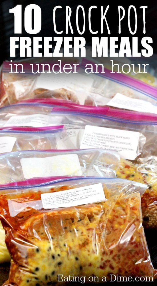 Making crock pot freezer meals saves time and saves money. These are the best crock pot freezer meals that are kid friendly and easy to make in under a hour. These make ahead crock pot recipes are easy, healthy and comes with a shopping list. You are going to love these chicken and beef crock pot recipes! #eatingonadime #crockpotrecipes #freezerrecipes