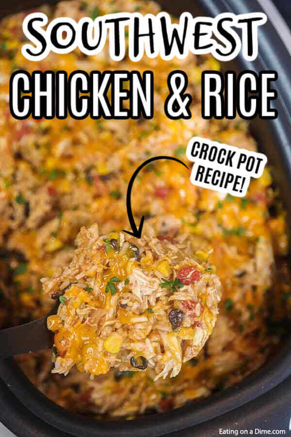 This cheesy and delicious Southwest crock pot chicken and rice recipe is so easy in the slow cooker. Come home to the best comfort food! This cheesy and delicious Southwest crock pot chicken and rice recipe is so easy in the slow cooker. Come home to the best comfort food!