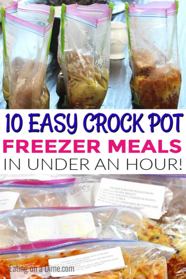Making crock pot freezer meals saves time and saves money. These are the best crock pot freezer meals that are kid friendly and easy to make in under a hour. These make ahead crock pot recipes are easy, healthy and comes with a shopping list. You are going to love these chicken and beef crock pot recipes! #eatingonadime #crockpotrecipes #freezerrecipes