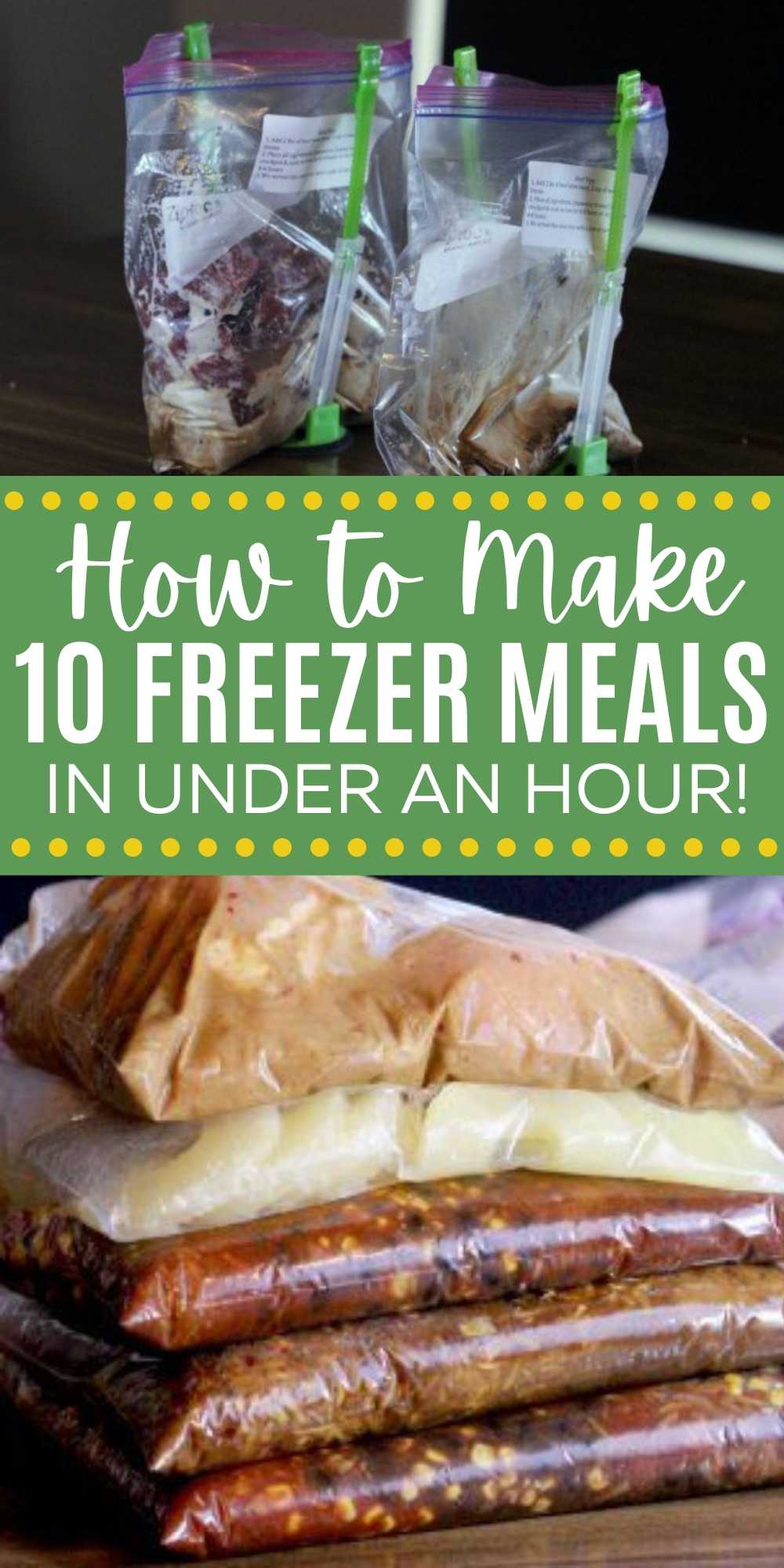 Check out this fun set of 10 crock pot Make ahead Meals that you can make in under an hour. These easy Make ahead Meals are easy to make and freeze great. Learn how to make freezer meals in under 1 hour.  You’ll be surprised how easy it is to make crock pot freezer meals.  #eatingonadime #freezermeals #crockpotrecipes #freezercooking 