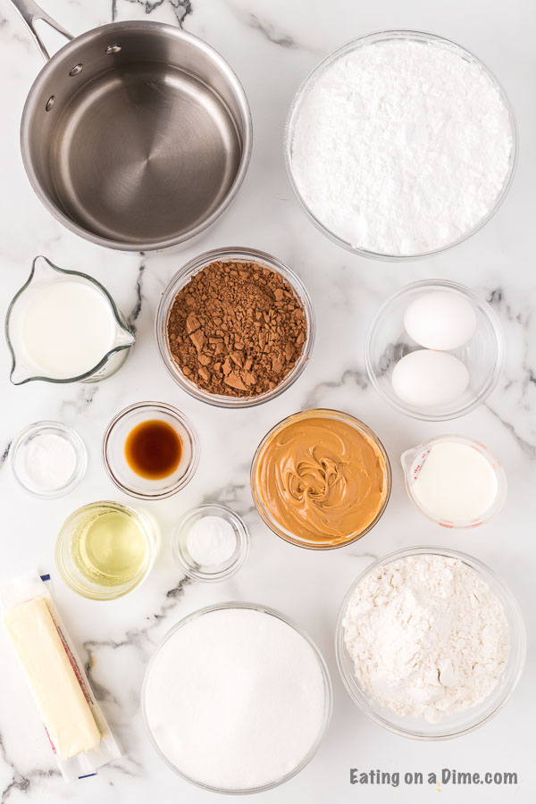 Image of the ingredients to make the chocolate peanut butter cupcakes. 