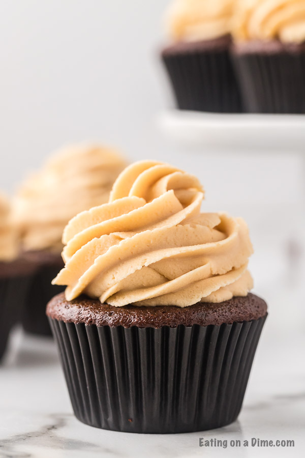 Close up image of chocolate peanut butter cupcake. 