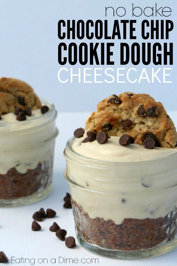 A jar with the no bake chocolate chip cookie cheesecake in it topped with a cookie. 