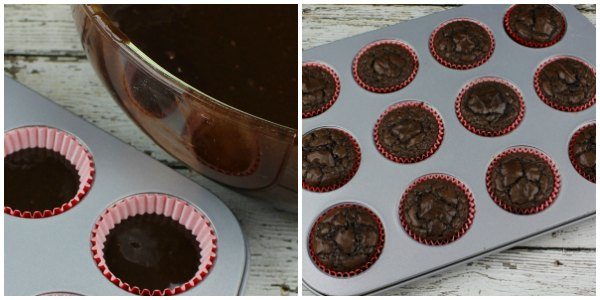 The brownie batter poured into a mini muffin pan and then a photo after the brownies have been baked. 