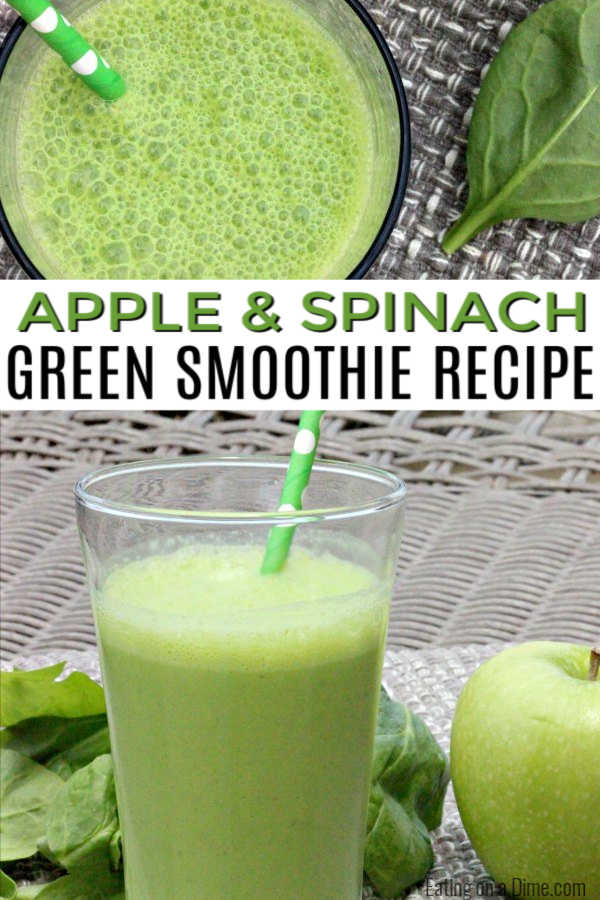 Apple and Spinach Green Smoothie in a clear cup with a green straw in it and another photo showing the top of the smoothie in the glass. 