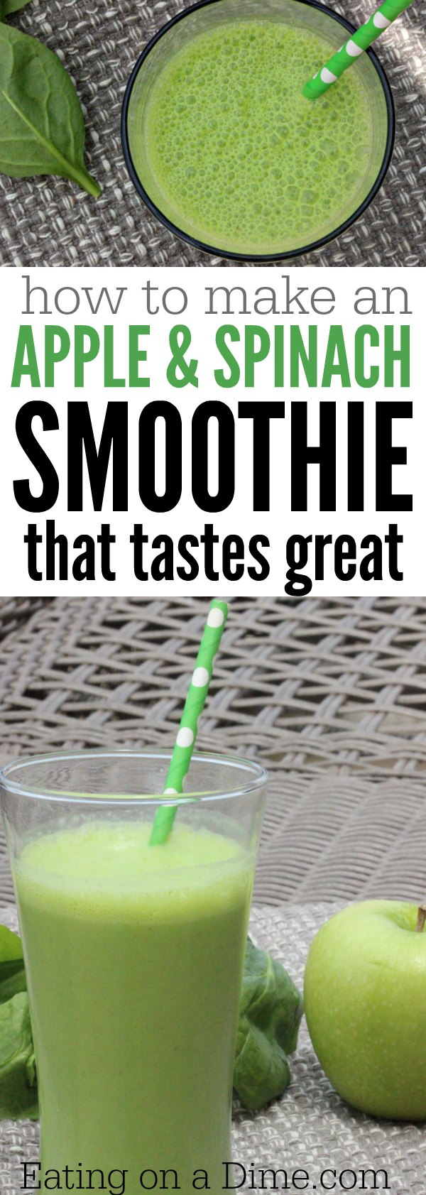 You'll love this easy and healthy green smoothie recipe. This Apple Spinach Green Smoothie recipe is easy to make and packed with nutrients and flavor. This fat burning smoothie is perfect for breakfast during a detox or to help you loss weight. This is one of my favorite healthy green smoothie recipes that taste good and great for energy. I hope you try this recipe during your next cleanse and it’s great for kids too! #eatingonadime #smoothierecipes #greensmoothies