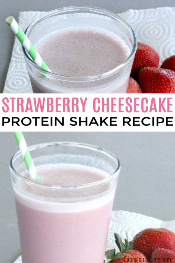 Try this Strawberry Cheesecake Protein Shake Recipe. This strawberry protein shake is one of my favorite healthy, easy protein smoothie recipes. I love making this smoothie with a breakfast meal replacements. #eatingonadime #smoothierecipes #proteinshakes 
