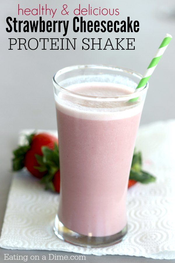 Try this Strawberry Cheesecake Protein Shake Recipe. This strawberry protein shake is one of my favorite healthy, easy protein smoothie recipes. I love making this smoothie with a breakfast meal replacements. #eatingonadime #smoothierecipes #proteinshakes 