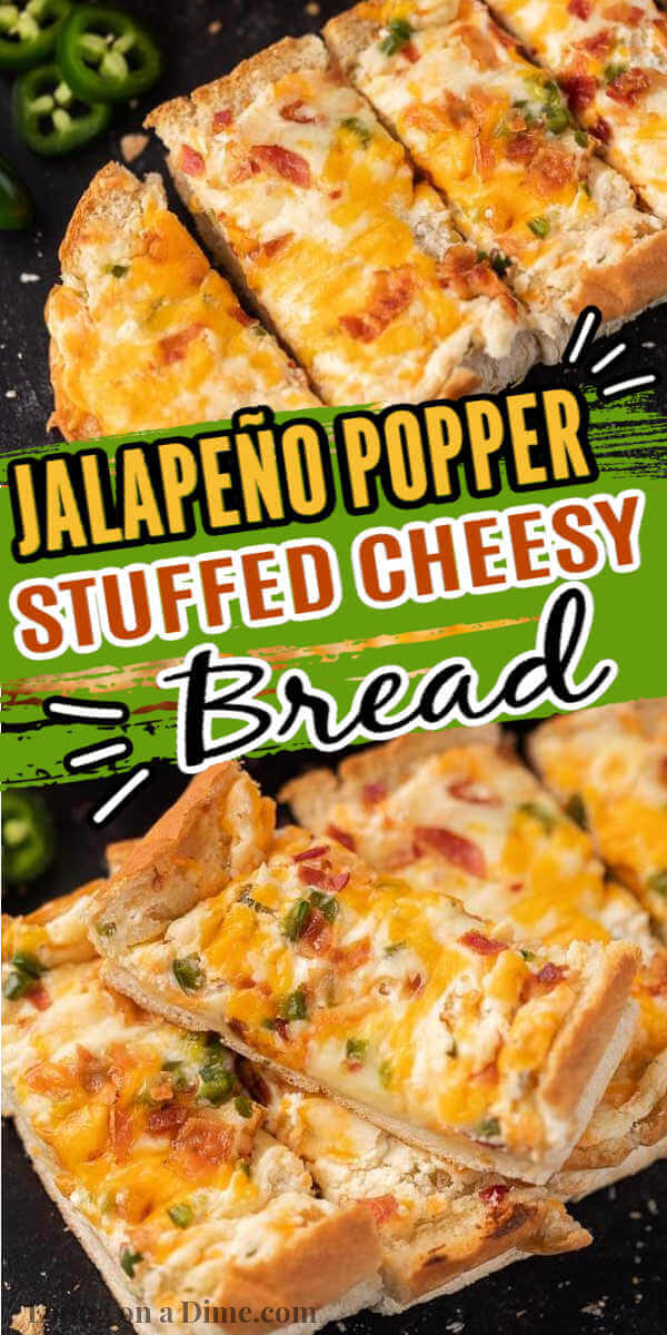 I love this jalapeño popper cheese bread. This delicious and easy stuffed French bread recipe is easy to make and perfect for any dinner or occasion. This Cheesy Jalapeno Popper Bread Recipe is the perfect side dish recipe. Everyone loves this jalapeño popper cheese bread recipe. #eatingonadime #jalapeñopopperrecipes #breadrecipes #sidedishrecipes 
