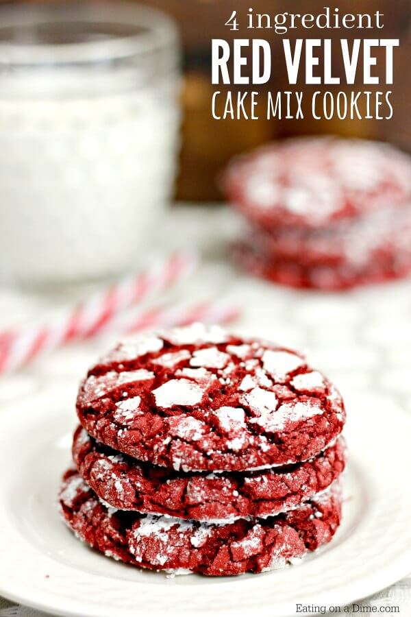 Close up image of Red Velvet Cake Mix Cookies stacked on a white plate. 