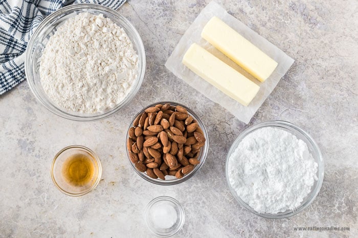 Ingredients - butter, powdered sugar, salt, almonds, vanilla flour