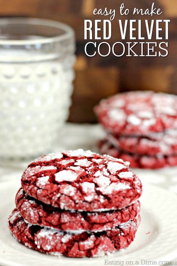 Close up image of 3 Red Velvet Cake Mix Cookies stacked on a white plate. 