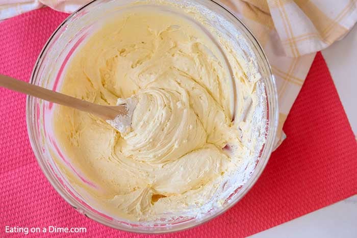 The cookie batter all mixed together by hand. 