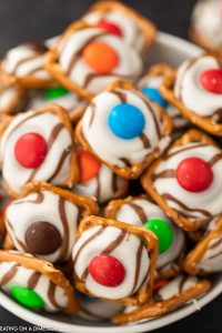 Hershey Kiss Pretzels with m&ms
