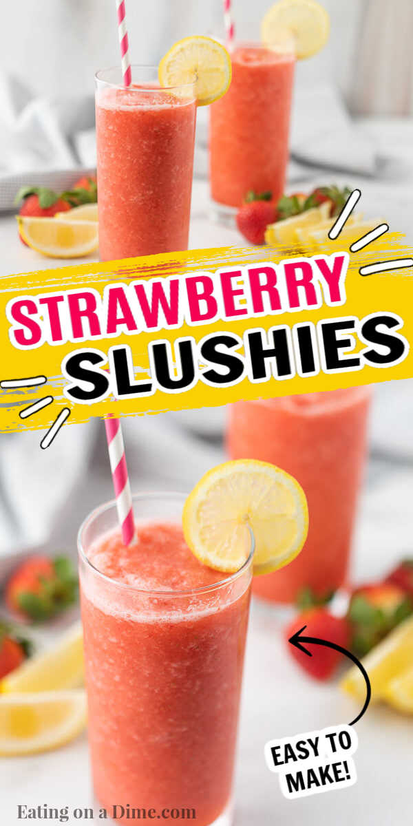 This strawberry slushie recipe for kids is easy to make and delicious too. This frozen sweet strawberry slush is the perfect summer drink treat! #eatingonadime #drinkrecipes #dessertrecipes #frozenrecipes 