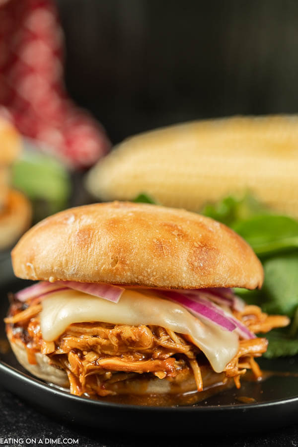 BBQ Pulled chicken sandwich topped with red onion and cheese next to a side salad and corn in the back ground 