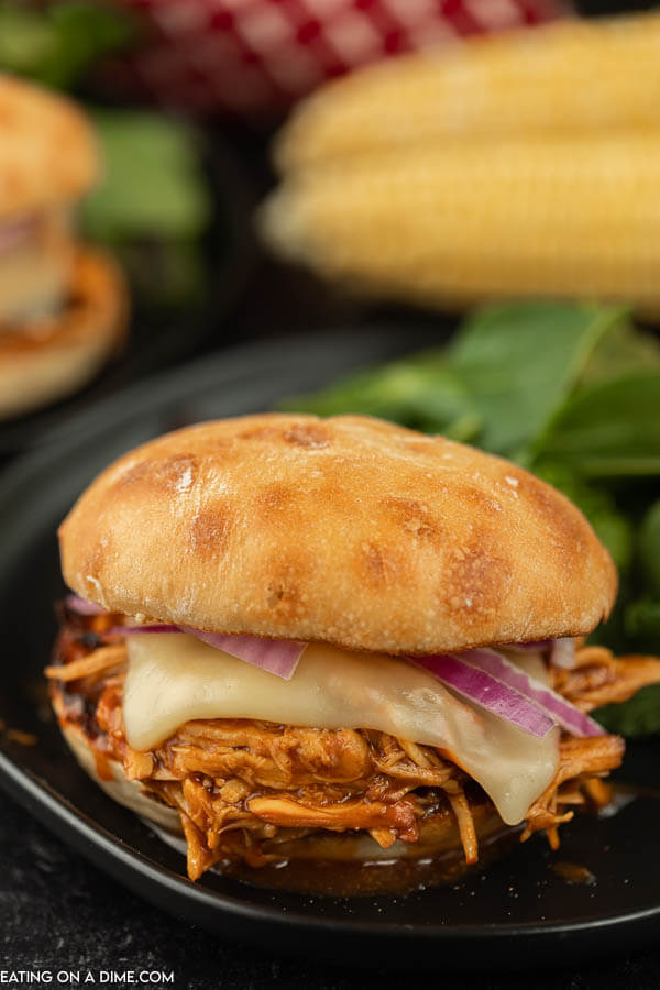 A bbq pulled chicken sandwich topped with red onion and cheese with corn in the back ground 
