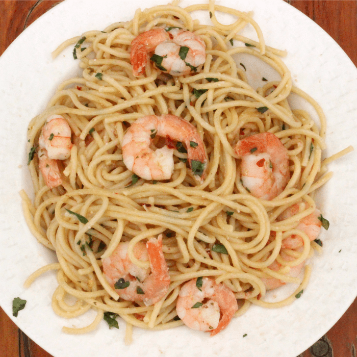 Easy Shrimp Scampi over pasta noodles