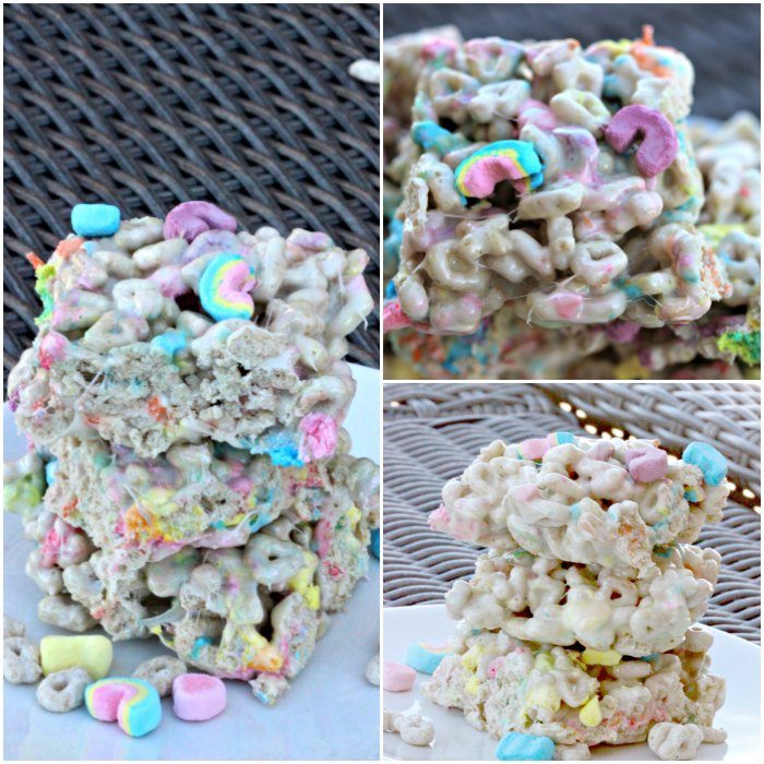A collage of multiple pictures of Lucky Charm Treats stacked on top of each other on a white plate. 