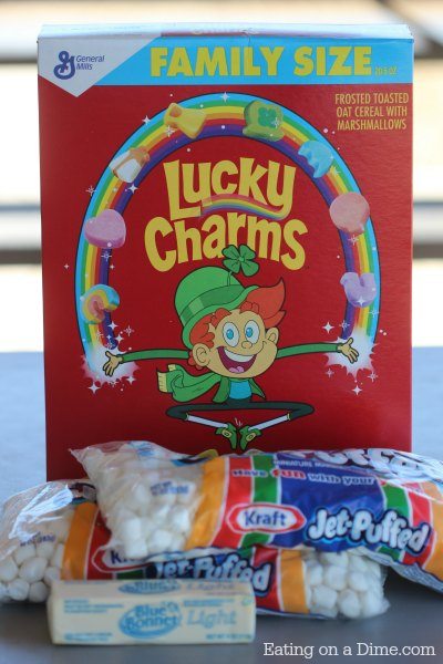 Ingredients to make Lucky Charms Bars - Lucky Charms, Marshmallows and butter 