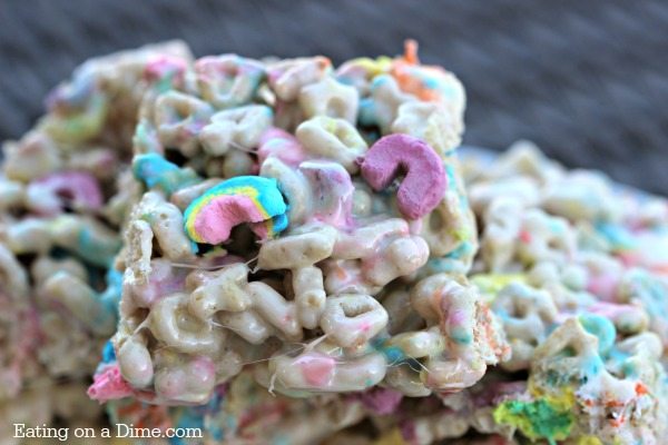 Close up of Lucky Charm Cereal Treats stacked on top of each other. 