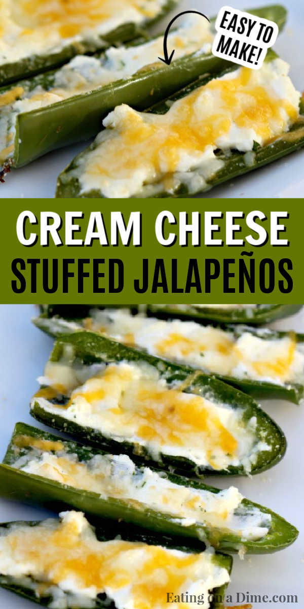 These Cream Cheese Stuffed jalapeños will be your new favorite Stuffed Jalapeño Peppers Recipe. Cream cheese jalapeno poppers are easy to make with only 4 ingredients. I love these as a snack or easy appetizer. Baked jalapeño poppers are simple and delicious! #eatingonadime #appetizerrecipes #jalapeñopoppers #jalapeñorecipes 