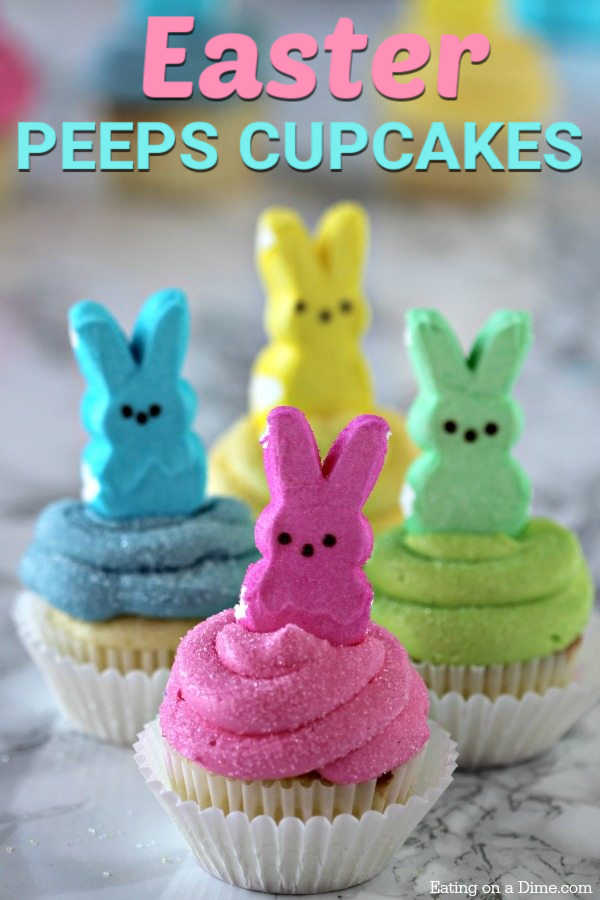 These Peeps Cupcakes are adorable. Easy Easter Cupcakes to make in minutes. Peeps cupcakes are now our favorite Easter Dessert Recipe. They are fun and the kids loved these cupcakes with peeps. #eatingonadime #Eastercupcakes #Easterdessertsideas
